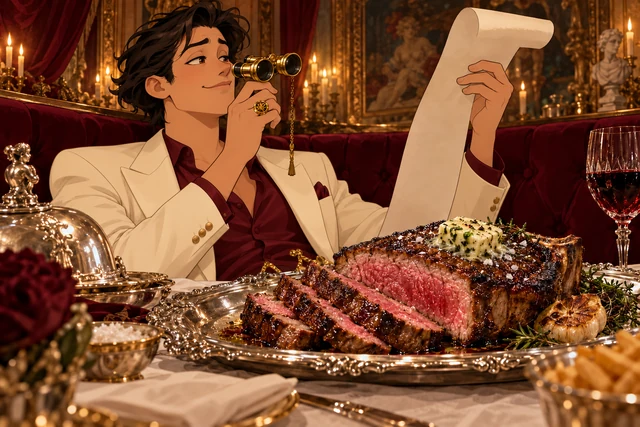 Can't Afford a $100 Steak? Here's a $100 Steak. in an illustrated palace setting, with realistic food and playful modern characters.