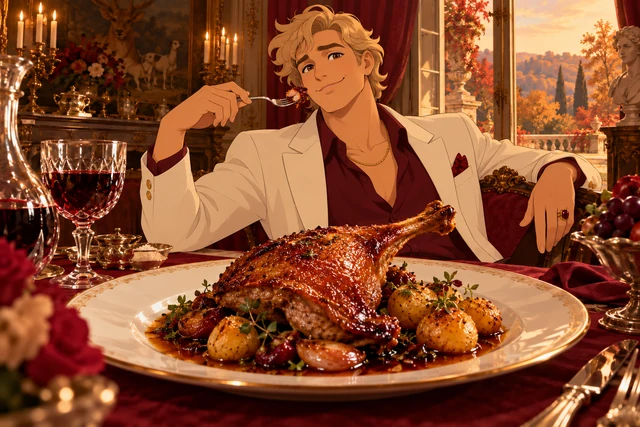 The Aristocrat's Duck Confit in an opulent palace scene, with realistic food and original animated characters.