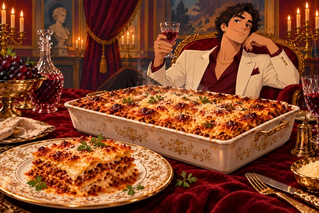 Billionaire Lasagne in an opulent palace scene, with realistic food and original animated characters.