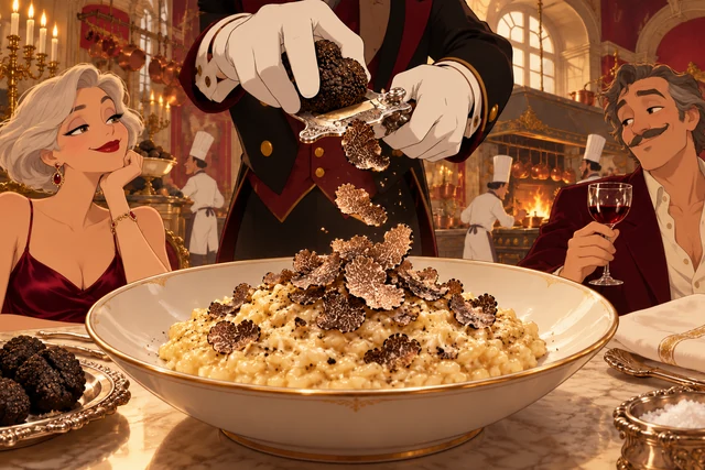 Black Card Truffle Risotto in an illustrated palace setting, with realistic food and playful modern characters.
