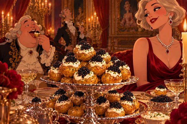 Caviar Potatoes: A Poor Man's Billionaire Fantasy in an opulent palace scene, with realistic food and original animated characters.