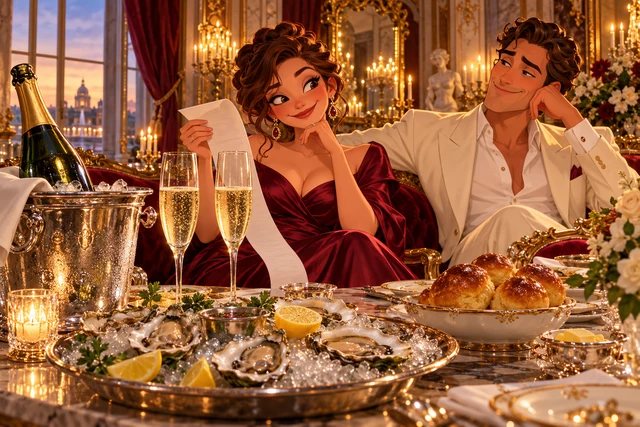 An illustrated couple regard a long bill beside realistic champagne, oysters and brioche.