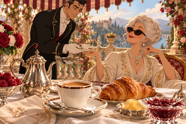 Coffee for a Royal Visit in an opulent palace scene, with realistic food and original animated characters.