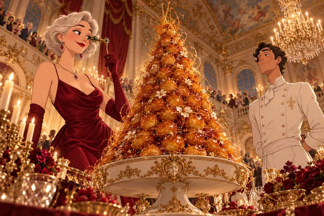 The Croquembouche of Excess in an illustrated palace setting, with realistic food and playful modern characters.