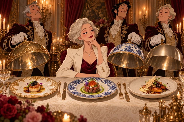 Three dinnerware styles presented by butlers to a chic illustrated hostess in a palace.