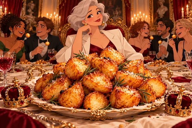 Duke & Duchess Roast Potatoes in an opulent palace scene, with realistic food and original animated characters.