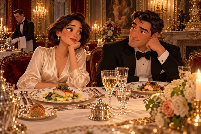 A chic illustrated couple dine over realistic plated fish in an ornate candlelit palace.