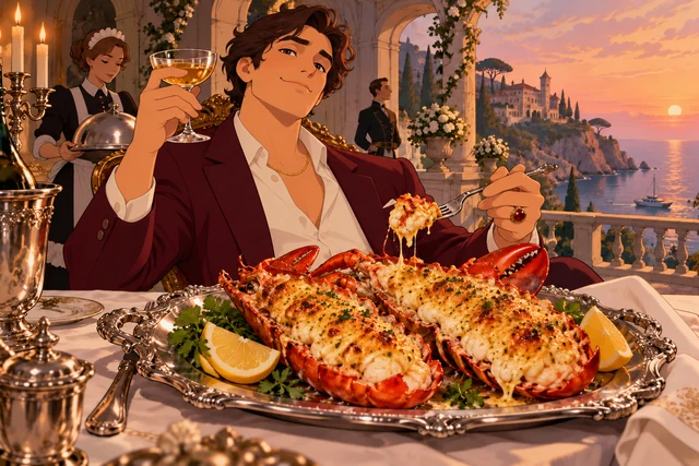 Lobster Thermidor for the Morally Bankrupt in an opulent palace scene, with realistic food and original animated characters.