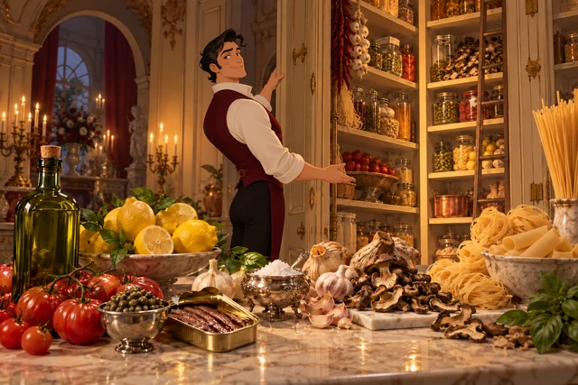 A smiling illustrated butler presents a palace pantry with realistic pasta, herbs, tomatoes and mushrooms.