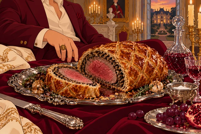 The Trust Fund Wellington in an opulent palace scene, with realistic food and original animated characters.